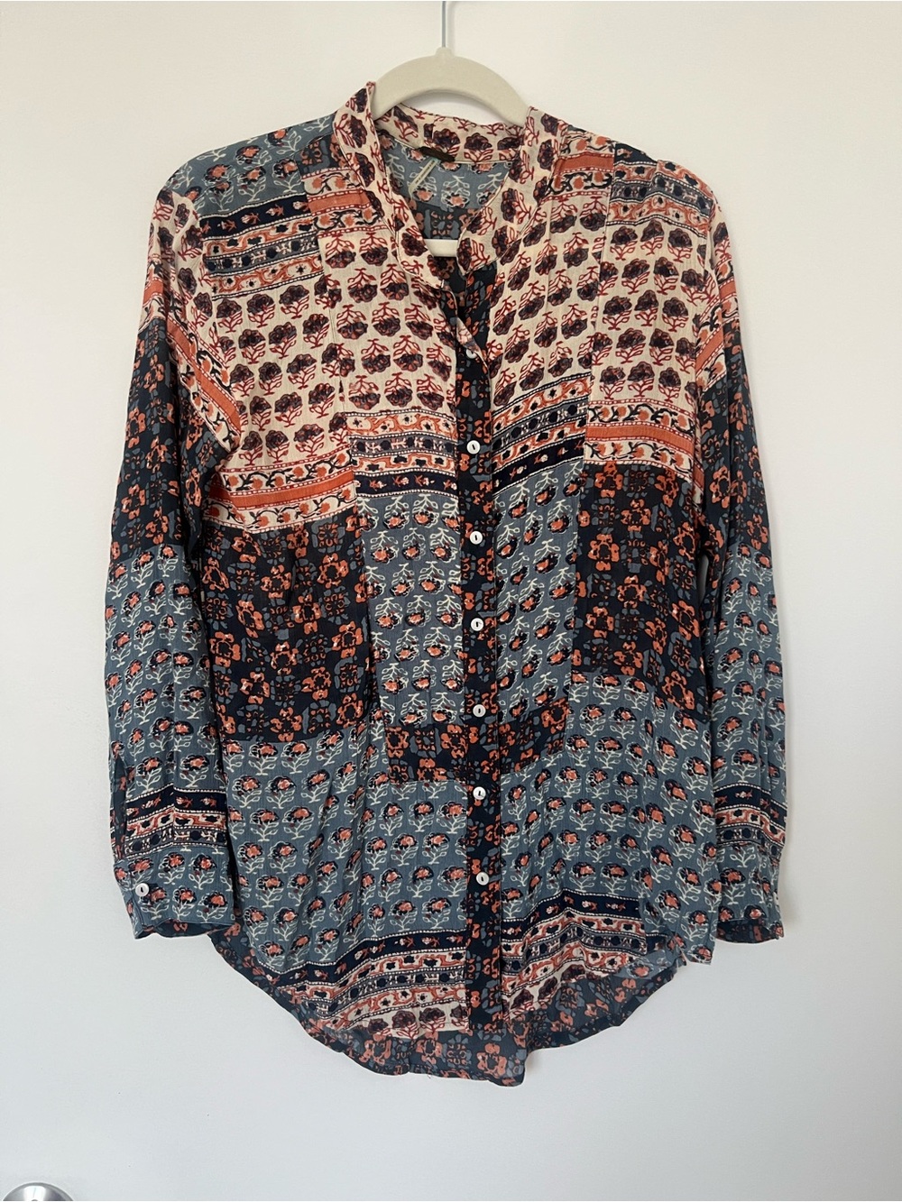 Free People Patchwork Floral Button-Down Shirt - Blue & Rust